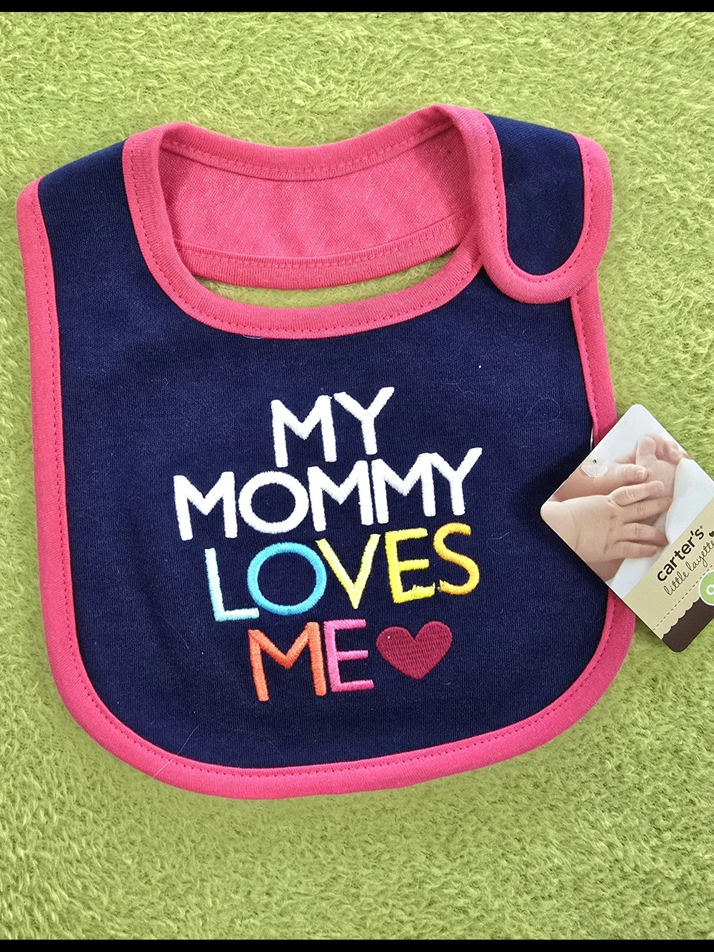 NWT Baby GIRLS Navy Bib + Pink Trim Colorful Embroidery MY MOMMY LOVES ME (Q2)